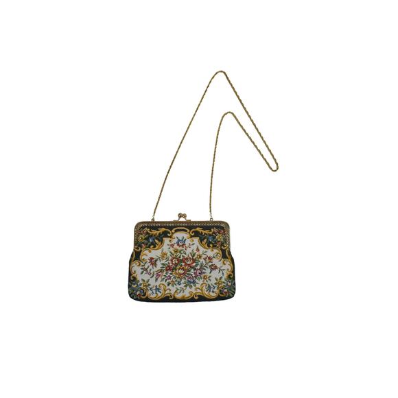1980s Petite Point Berta Floral Tapestry Gold Plated Frame Clutch Shoulder Bag - Picture 1 of 7
